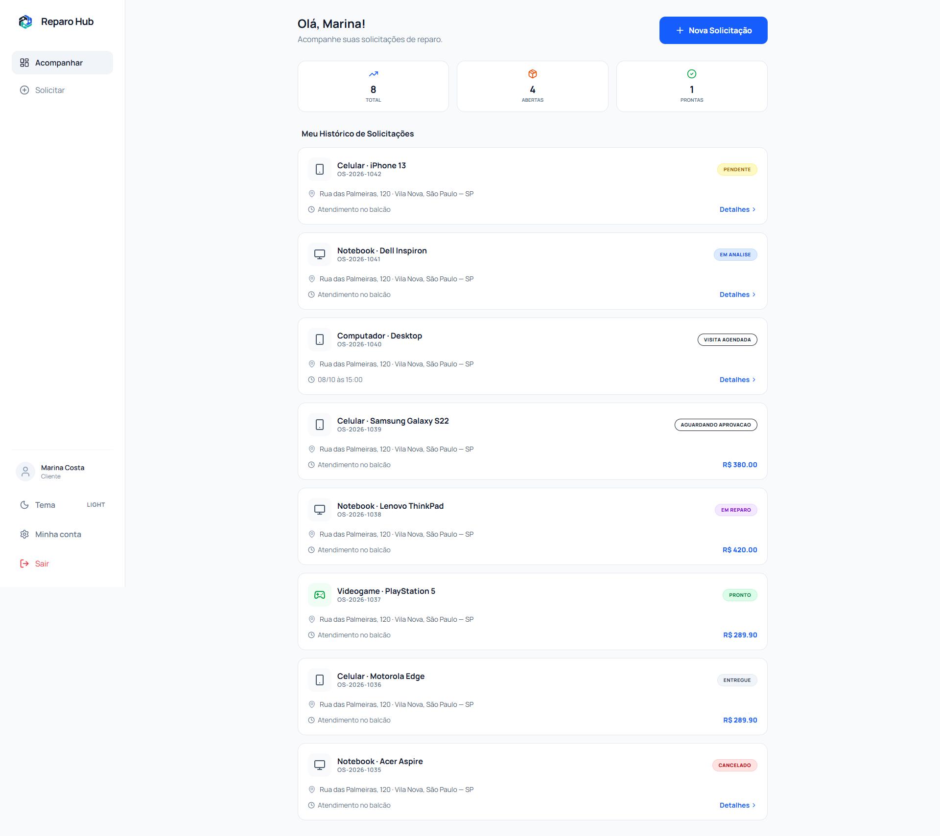 Área do cliente com solicitações e andamento dos reparos